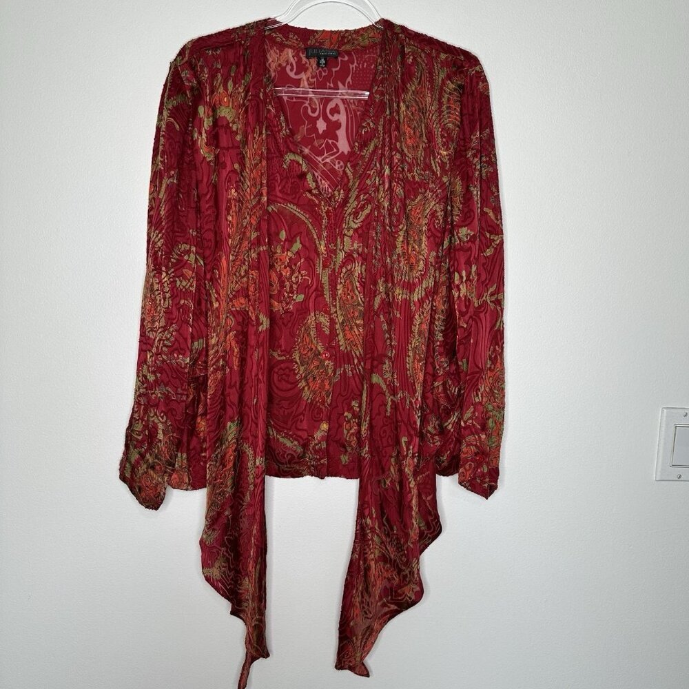 Juliana Collezione Drape front Blouse Red Silk Blend Paisley Size 12‎